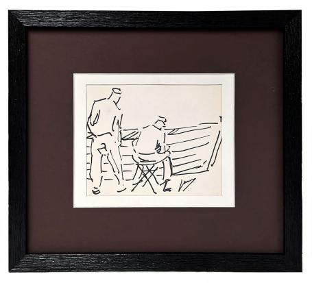 Tekening, 2 mannen aan het werk aan een boot