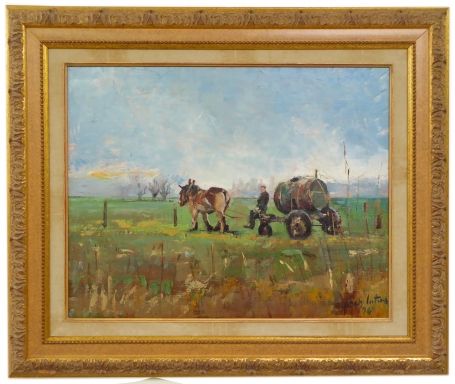 Paard met mestkar in de weide 1994