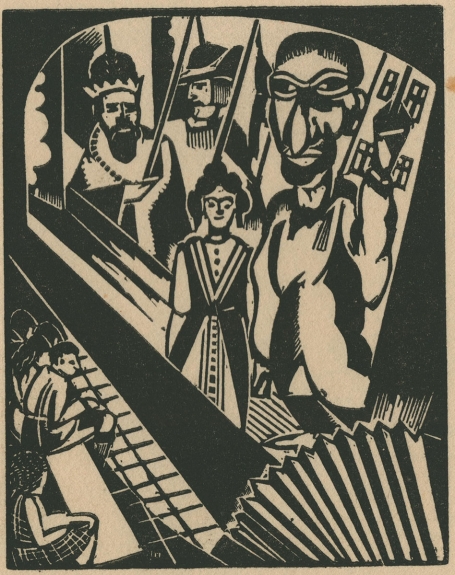 Belgische graficus Joris Minne met een houtsnede uit 1930