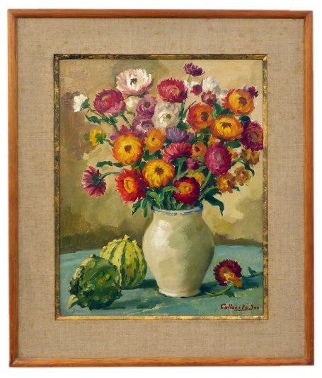 Stilleven met droogbloemen en kalabas