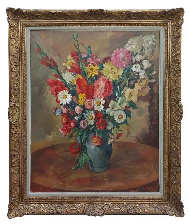 Stilleven, Delftse aarden kruik met bloemenpracht