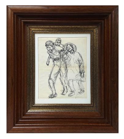 Balpentekening, man, vrouw en kind op de vlucht