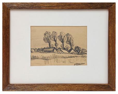 Houtskooltekening, landschapje met boerderij en bomen