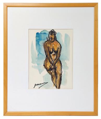 Aquarel, naakt zittend met gekruiste handen