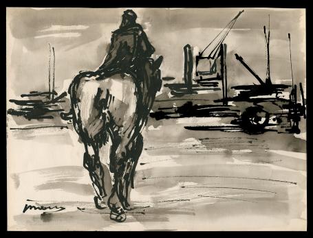 Dokwerker op een natiepaard