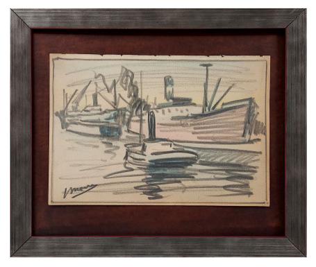 Gekleurde tekening, drie schepen en sleepboot