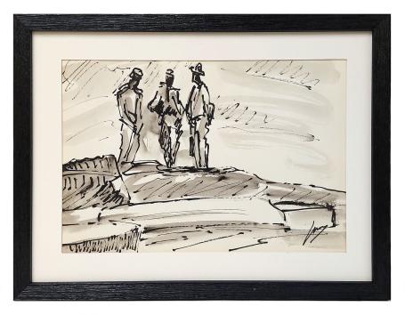 Inkttekening, drie mannen aan het praten