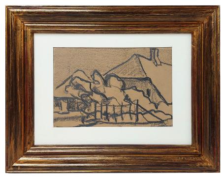 Houtskooltekening, het boerderijtje