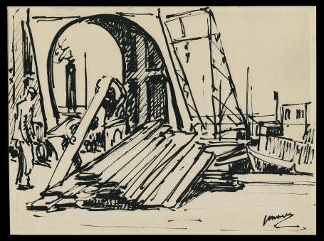 Dokwerkers met planken in de haven