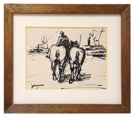 Dokker met 2 natiepaarden aan het werk in de Antwerpse haven