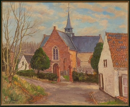 Belgische kunstenaar Joseph Maes met een schilderij