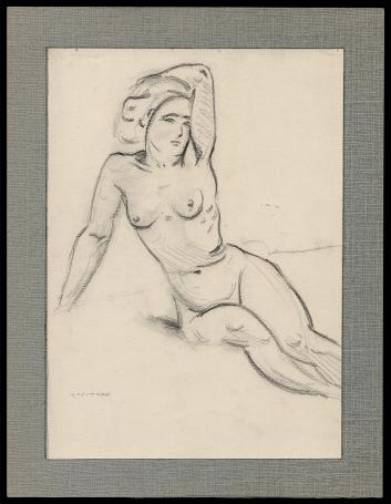 Tekening, uitdagend naakt, hand achter het hoofd