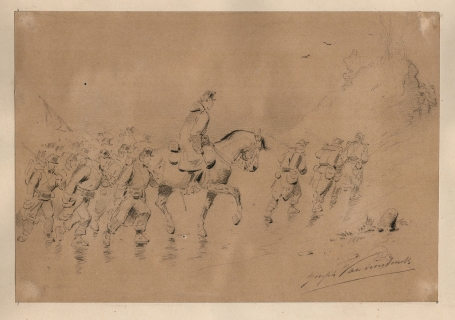 19-de eeuwse tekening, de soldaten in het veld