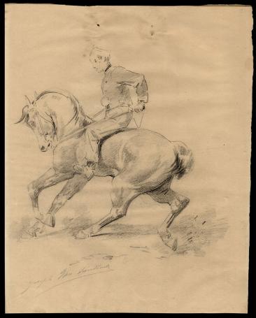 19-de eeuwse tekening, Soldaat die het statige paard temt