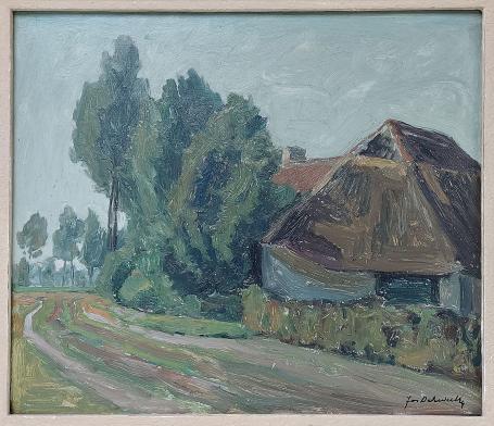 Joz De Swerts met een schilderij, landschapje langs hoeve