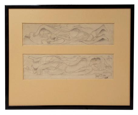 Twee ontwerptekeningen van liggende beelden 1938