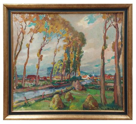 Kleurrijk landschap riviertje, boot en hooimijten