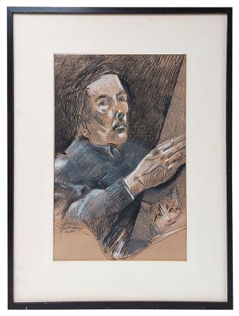 Krijttekening, man leest krant met kat 1981