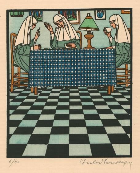 Belgische graficus Jules Fonteyne met een houtsnede