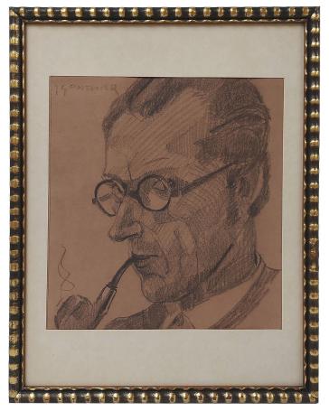 Tekening, man met bril en pijp