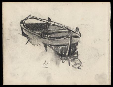 Houtskooltekening, sloep en twee schetsen