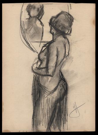 Houtskooltekening, dame kijkt in de spiegel