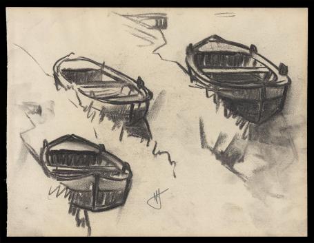 Houtskooltekeningen, sloepen en een kar