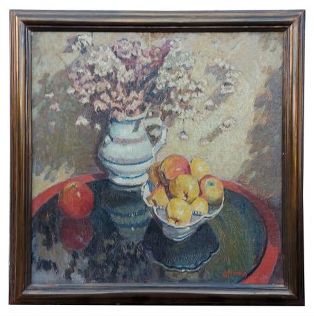 Stilleven appels en bloemen in een aarden kruik