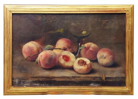 Stilleven, perziken op tafel