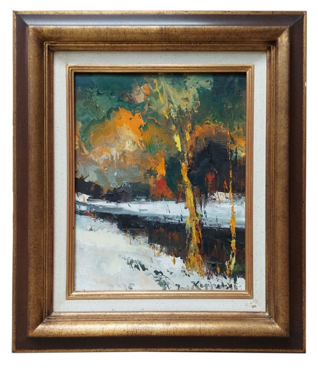 Beekje met boompjes in de winter