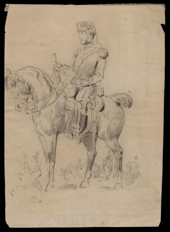 19-de eeuwse tekening, Grenadier met trompet te paard