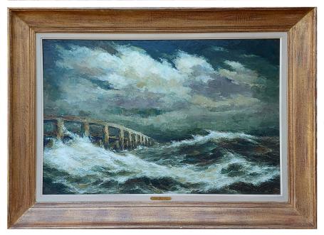 De woeste golven tegen de brugpeilers