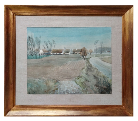 Aquarel, landschap met rivier en boerderij 1956