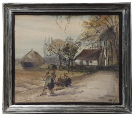 Aquarel, de weg naar de hoeve met hooimijt 1937