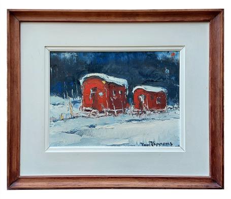 Twee rode woonwagens in de sneeuw