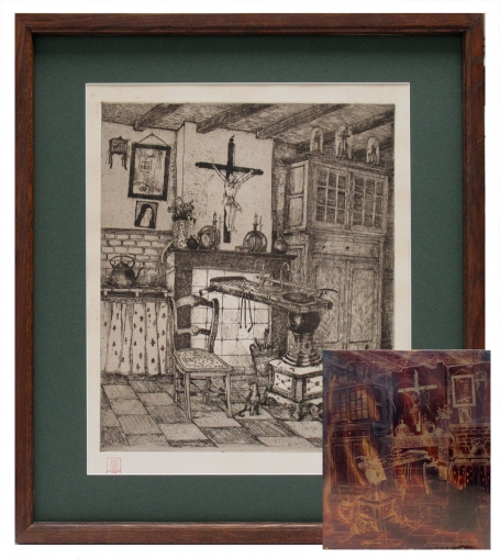 Ets en etsplaat Keukeninterieur met Leuvense stoof