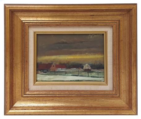 Klein landschapje met boerderij in de sneeuw