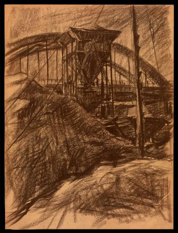 Krijttekening, de silo aan de brug