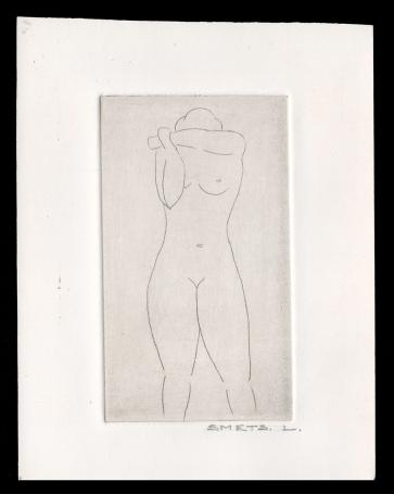 Kleine ets, naakt staand handen voor het hoofd