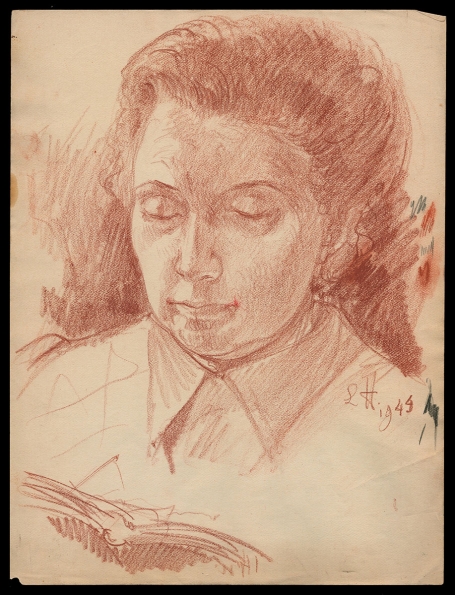 Schets Damesportret met neergeslagen ogen 1944