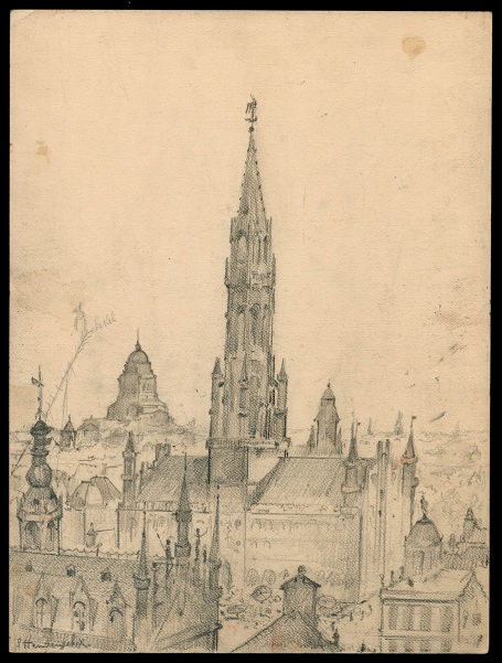Schets Stadhuis en plein Brussel (+/- 1945)