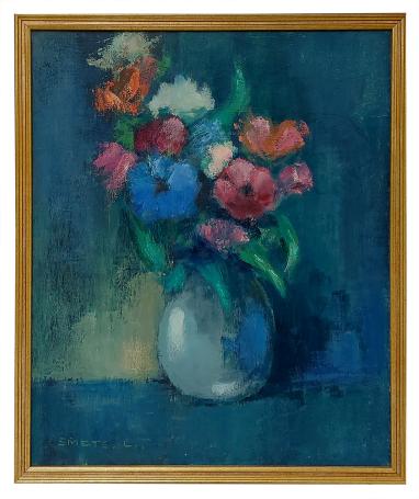 Stilleven, bloemen in een grijze vaas