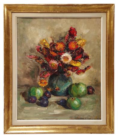 Stilleven met appels, pruimen en droogbloemen – Leo Van Droogenbroeck – XXe siècle