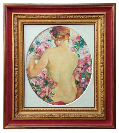 De frivole naaktheid met bloemen omgeven