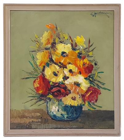 Bloemenstilleven, bloemen in blauwe bolvaas