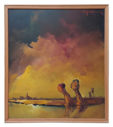 Twee geknipte knotwilgen aan het water