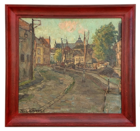 Straatgezicht langs kanaaltje met binnenschepen