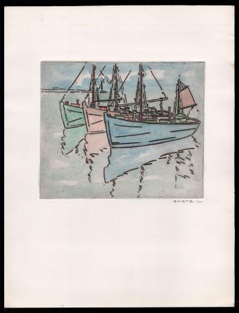 Aquarel opgehoogde ets, Drie schepen op een lijn