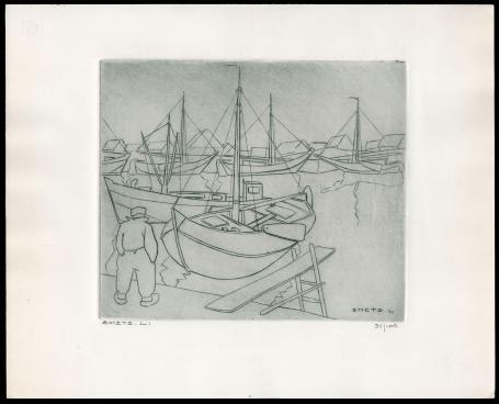 Burijngravure, visser in de vissershaven 31/100