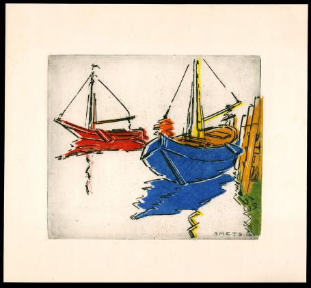 Gekleurde burijngravure, twee kleine tjalken